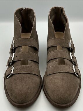 Nine West Kigero Harness Ankle Boot Womens 7.5M Gray Suede Triple Buckle Moto